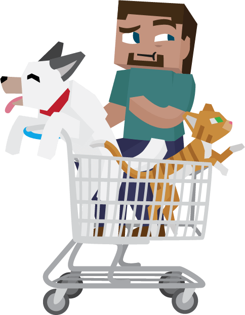 Minecraft Steve in a shopping cart looking confused