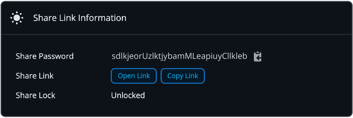 Screenshot of the Share Settings that shows the Share Password, Share Link, and other settings.