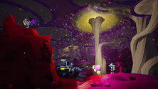 A screenshot of mushrooms being harvested by a group of Astroneer players