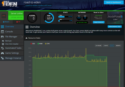 A screenshot showing game server stats and overview page in NodePanel