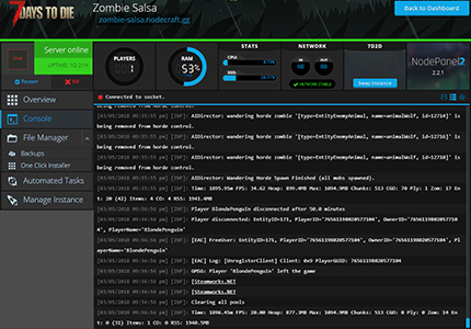 A screenshot of the output and server logs generated for a server