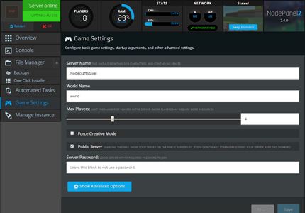 A screenshot showing how simple it is to change game server settings