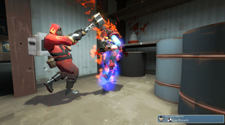 A screenshot of a TF2 server, with a RED Pyro making quick work of a BLU Demoman