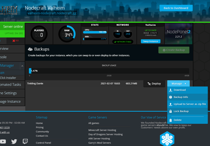 A screenshot showing the backups manager in NodePanel
